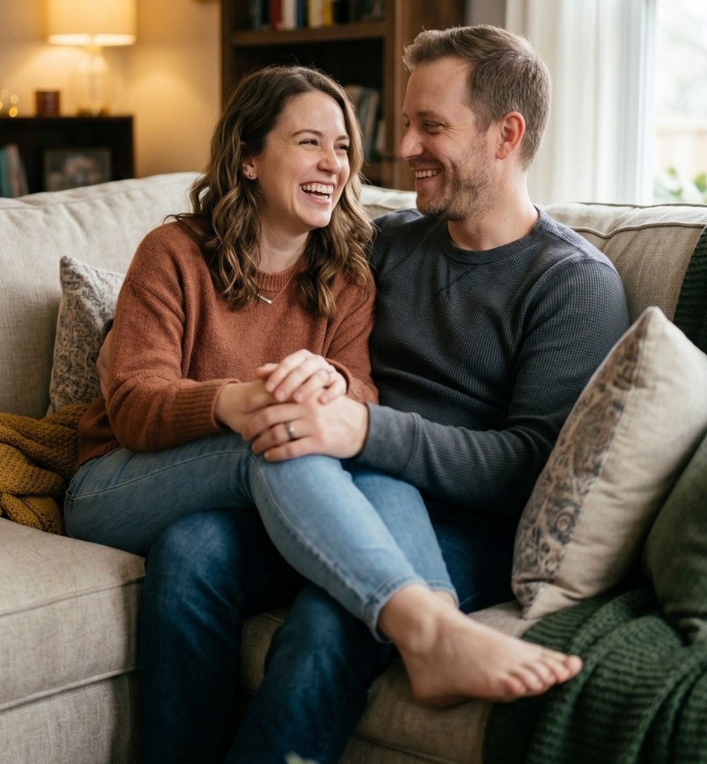 Happy couple relaxing at home